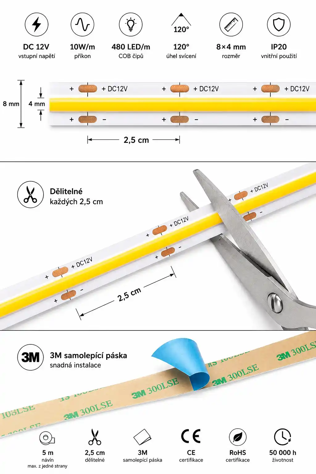 Instalace COB LED pásku 12V — dělitelnost každých 2,5cm, 3M páska, max 5m z jedné strany